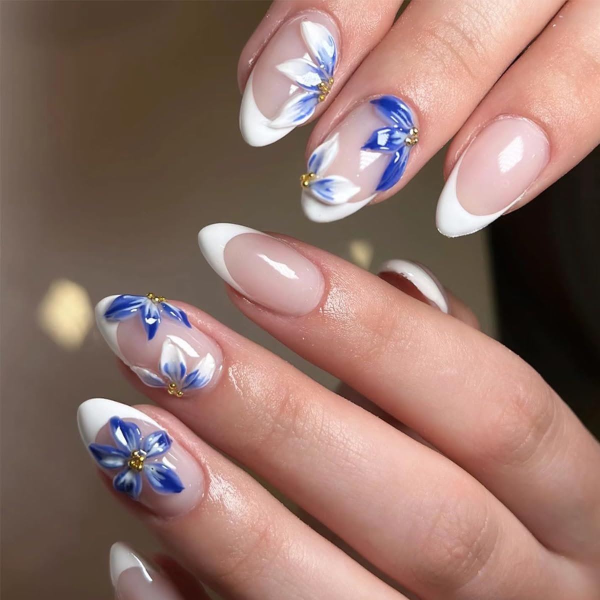 French Tip Press-On Nails - 24 Pcs Medium Almond 3D Flower Design | Glossy Acrylic Full Cover with Gold Pearl Accents