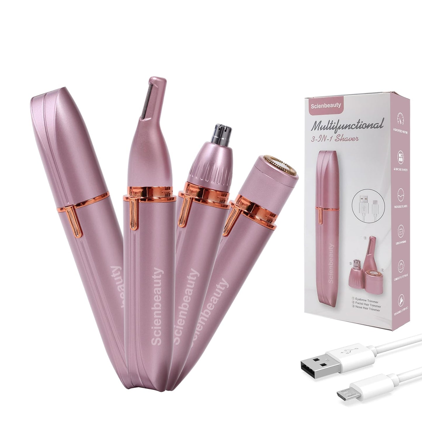 Scienbeauty Nose Ear Hair Trimmer Facial & Eyebrow Hair Remover for Women, 3 in 1 USB Rechargeable Painless Hair Removal Kit with 3 Replaceable Rinseable Grooming Heads