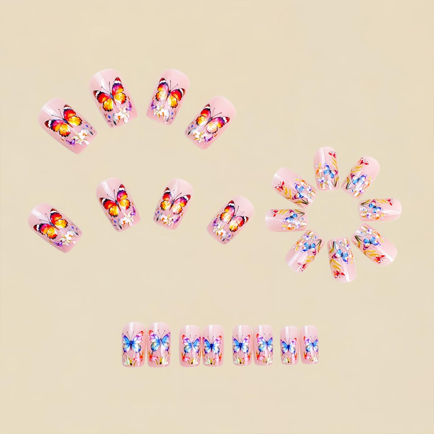 LWTZLW Butterfly Press on Nails Medium Square False Nails Colorful Flower Butterfly Design Full Cover Glue on Nail Summer Floral Reusable Acrylic Fake Nails Glossy Artificial Stick on Nail for Women