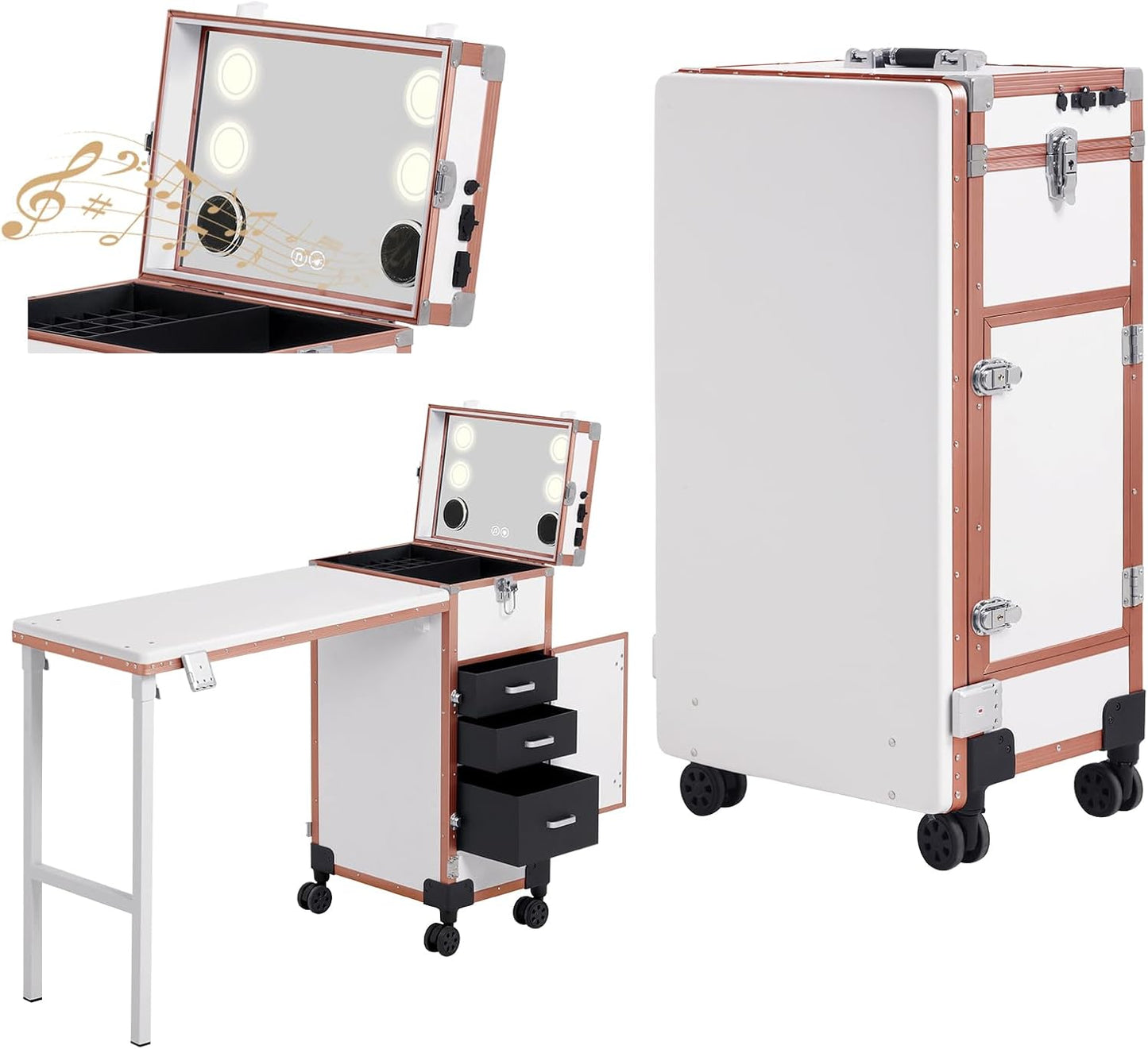Portable Nail Desk - Foldable Manicure Table with 3 Drawers & Mirror | Mobile Nail Tech Workstation with Wheels, Black