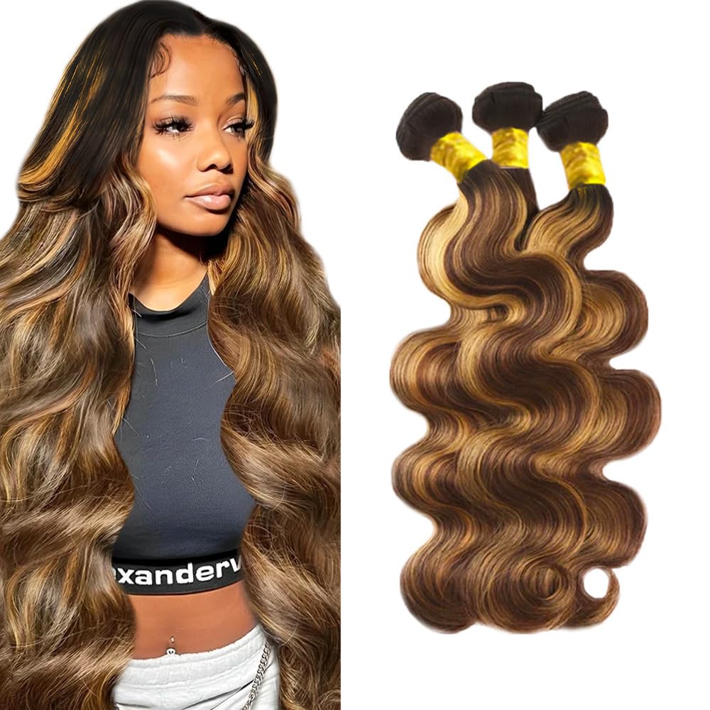 28 30 32 Inch Honey Blonde Bundles Human Hair 1B/27 Body Wave Bundles Brazilian Virgin Remy Hair Extensions 3 Tone Brown Mixed With Honey Blonde Body Wave Bundle