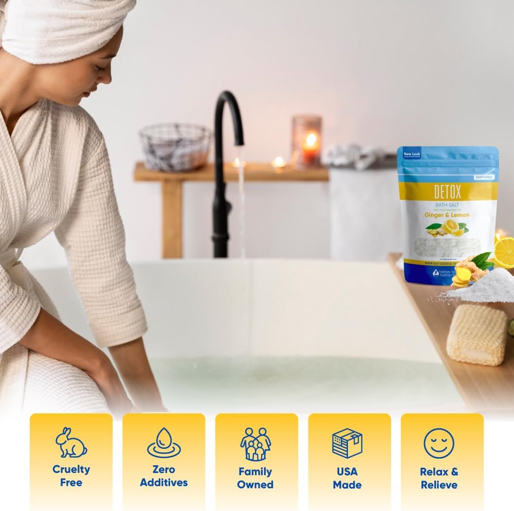 Detox Bath Salt - 32 Ounces Epsom Salt with Ginger & Lemon Oils | Vitamin C Infused, BPA-Free Pouch