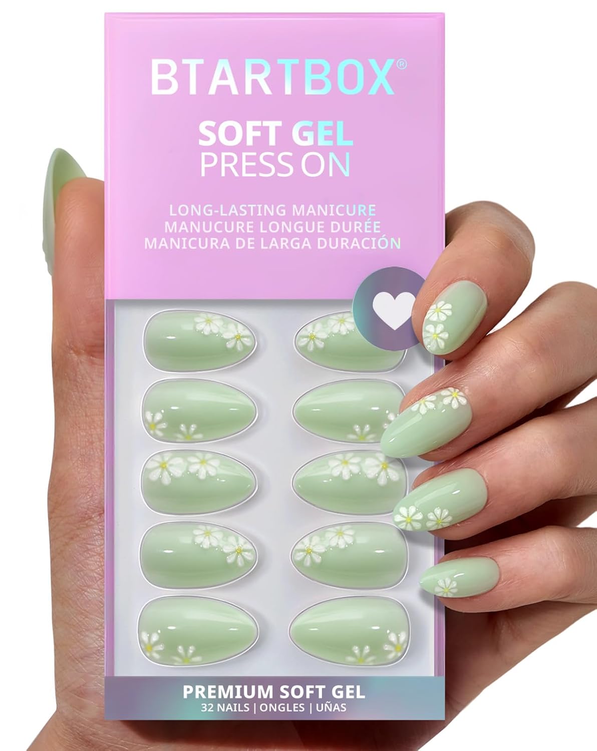 Press On Nails - Meadow Daisy 3D Flower Design | Easy-Apply Almond Shape in Pastel Green - 32 Nails, 16 Sizes Included