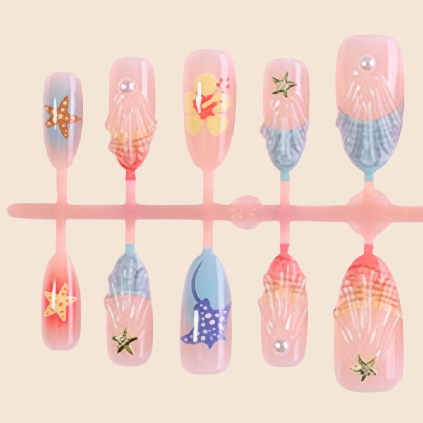24Pcs Cute Ocean Press on Nails Medium Almond Acrylic Nude Fake Nails with Starfish Shell Fish Hibiscus Designs False Nails French Tips Ocean Life Reusable Nails Summer Vacation Acrylic Nail for Women