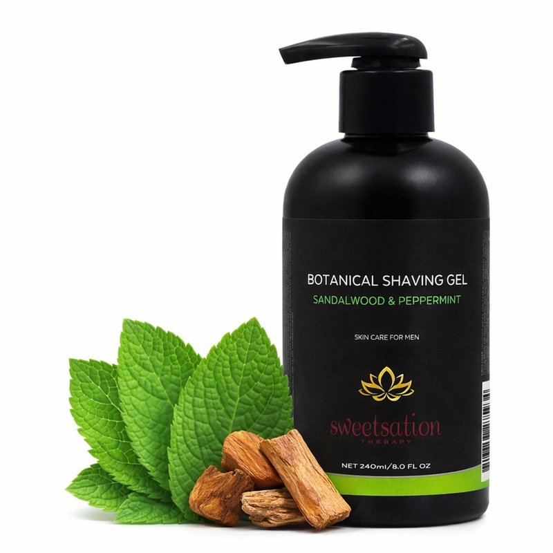 Botanical Shaving Gel, Sandalwood & Peppermint, 8oz All Natural Skin Care. For Smooth Gentle Shave.