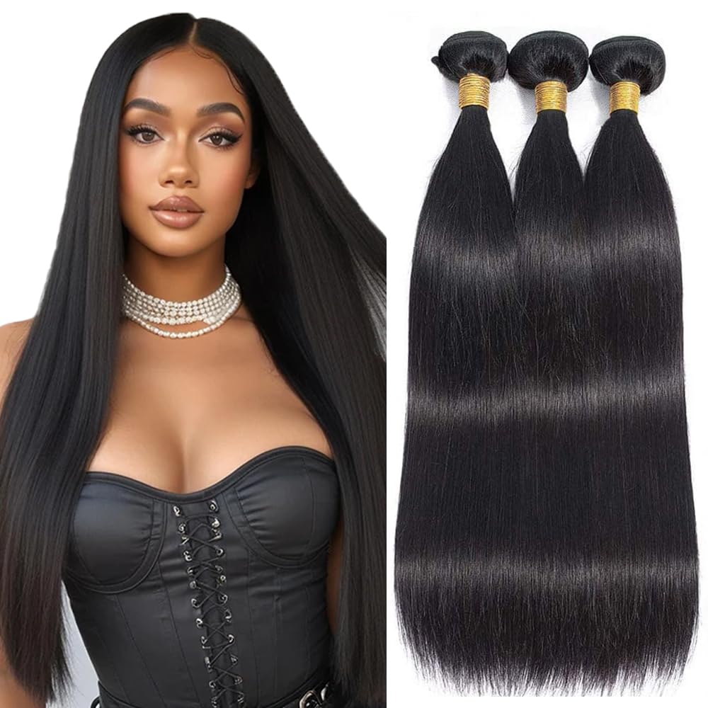 Freiuoke 28 30 32 Inch Straight Human Hair Bundles Natural Black Color Peruvian Virgin Hair 3 Bundles/150g Straight Bundles Double Weft Human Hair Extensions