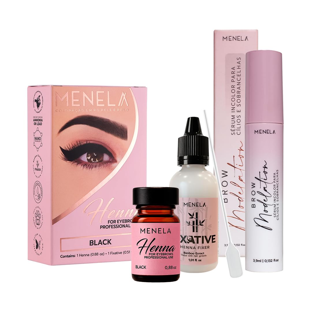 MENELA Black Henna Color Kit with Lash & Beauty Serum – Complete Color & Care System, Up to 60 Applications, 2.5g Henna, 15ml Fixer & Serum, DIY & Professional Use, Vegan, Ammonia-Free