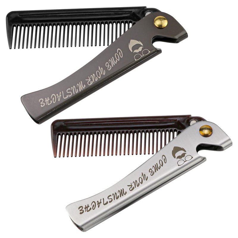 Foldable Stainless Steel 2 in 1 Pocket Comb and Bottle Opener - Folding Beard Comb for Men, 2 Pack