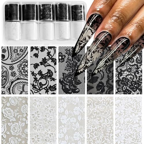 Qdsuh Lace01 Black & White Floral Nail Foil Sheets - DIY Nail Art Transfer