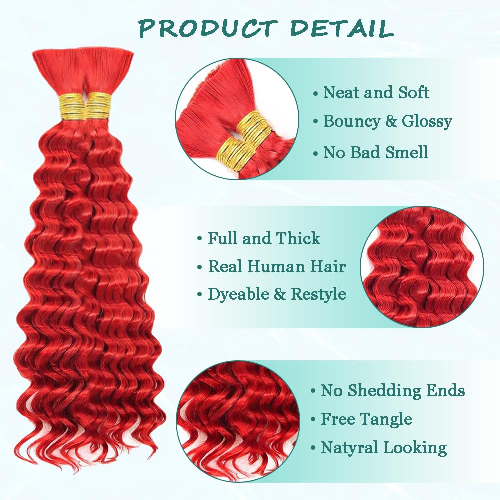 GveoXvo Red Boho Hair For Braiding Deep Wave Human Braiding Hair 110g 18 Inch Red Bulk Human Hair Braiding Hair for Boho Braids Knotless 12A Curly Bohemian 2 Bundles