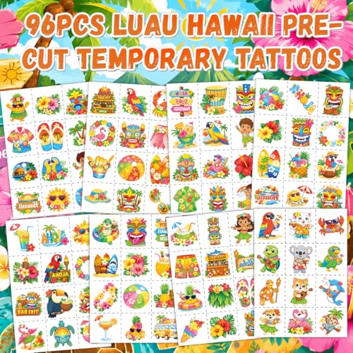96pcs Hawaiian Temporary Tattoos - Tropical Beach Designs
