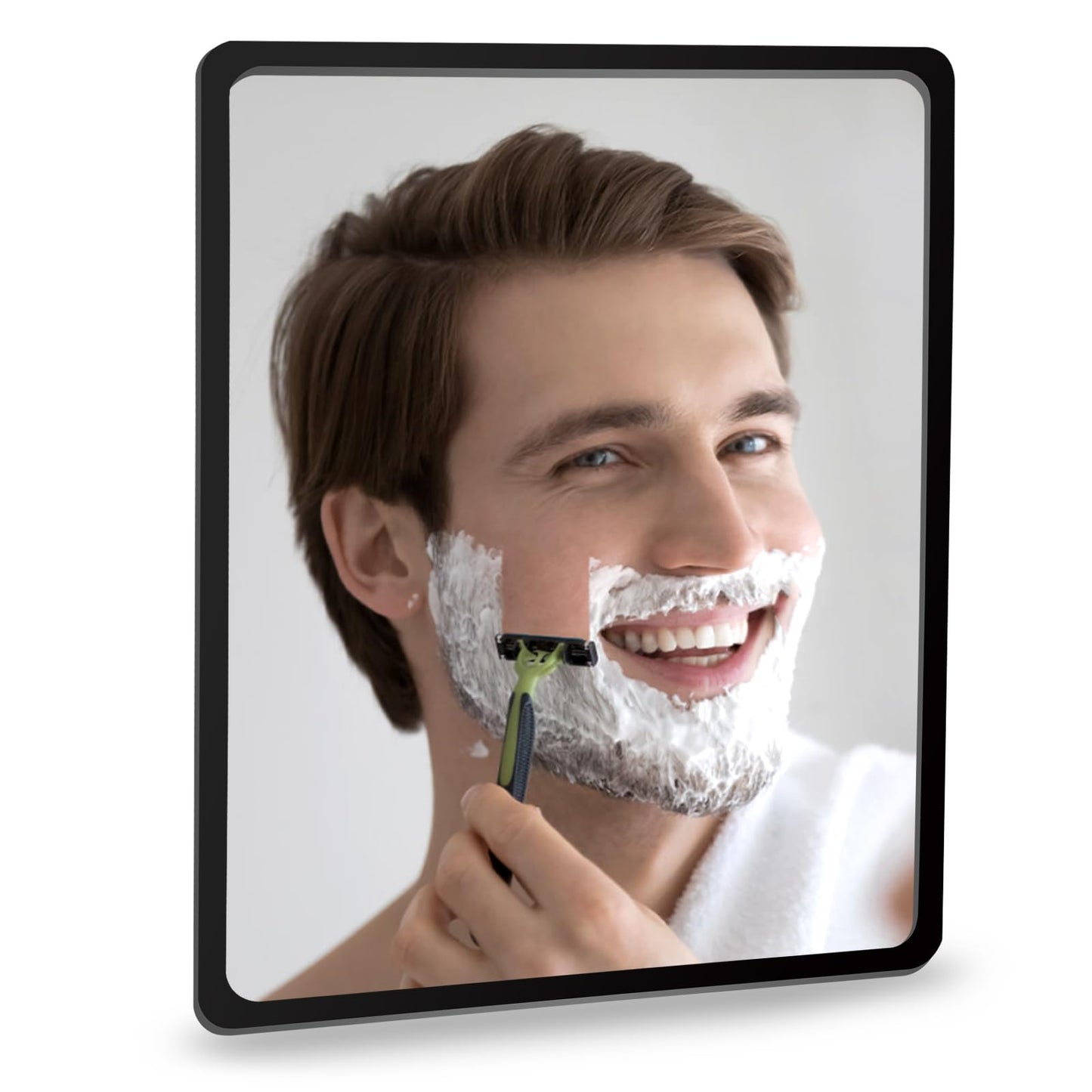 YoHumk Fog Free Shower Mirror (9 * 7 inch) 3M Adhesive Anti-Fog Bathroom Wall Mirror, Fogless Shower Makeup Mirror for Shaving, Shatterproof Glassless Child Safe Mirror (Rectangular Black Frame)
