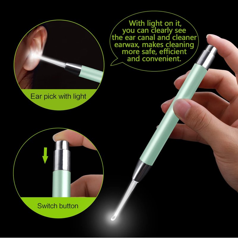 4 Pack Ear Wax Removal Tool Kit with Light, Ear Pick Ear Cleaning Tools Set for Kids and Adults, Ear Picks Digger & Tweezers & Spiral Spring Ear Spoon with Storage Box (Green)