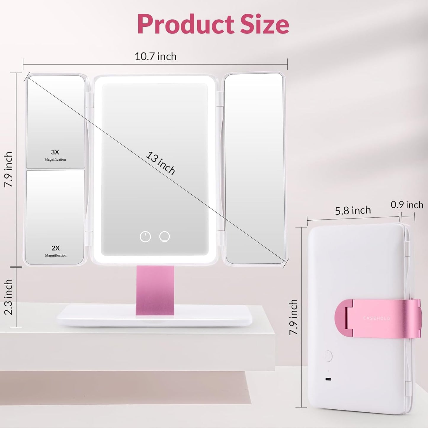 Foldable Tri-Fold Lighted Makeup Vanity Mirror - 60 LED Lights, 1X/2X/3X Magnification, Touch Control, 360° Rotation | Portable Travel Compact Mirror