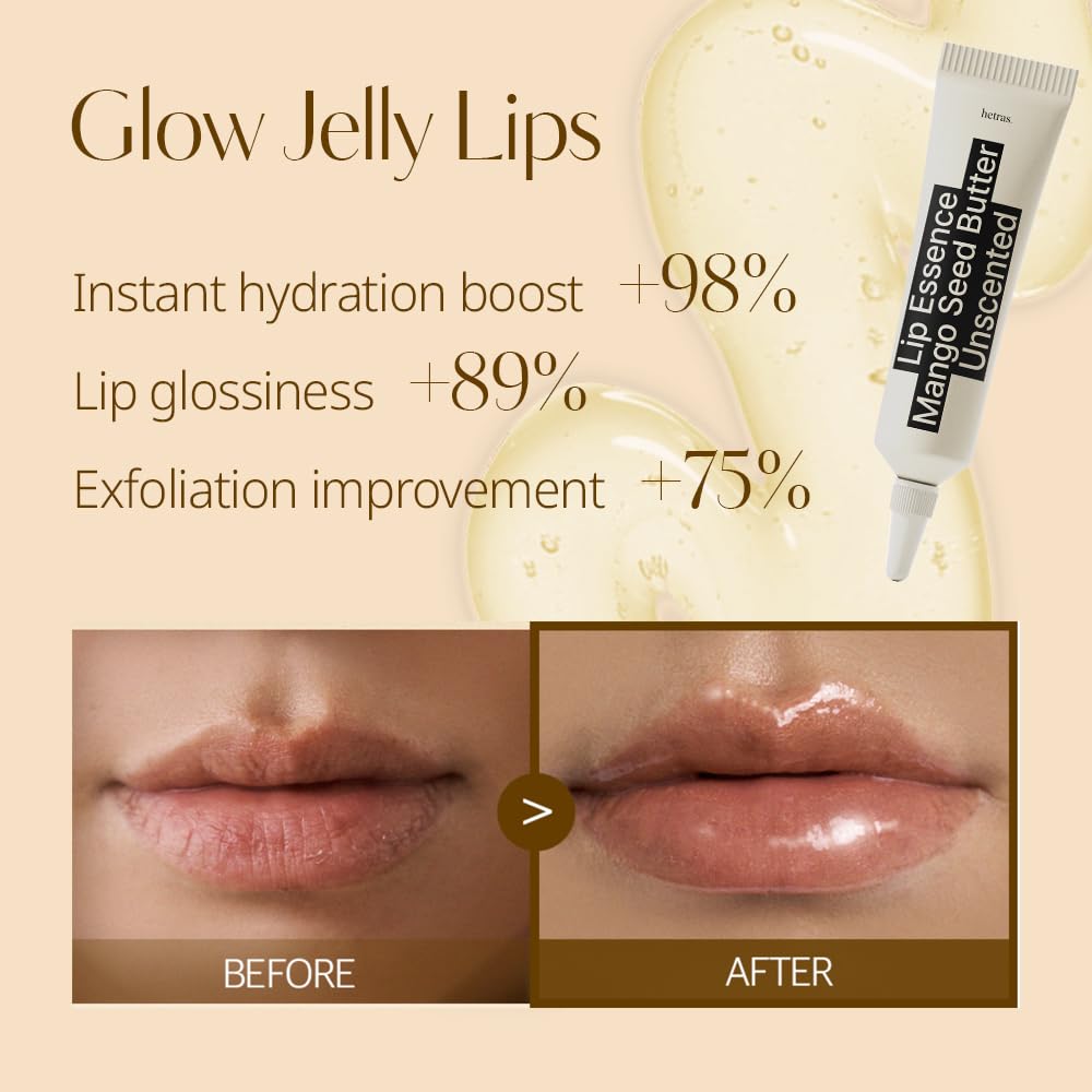 hetras Mango Seed Butter Lip Essence – Deep Hydration Squalane & Ceramide Treatment | Non-Sticky Glossy Jelly Finish | Fragrance-Free Overnight Mask & Daily K-Beauty Balm for Chapped Lips