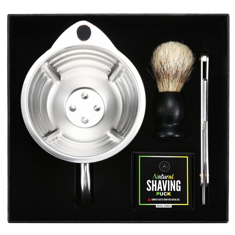 Naked Armor Silver Fox Shaving Scuttle Mug Kit With Shavette - Double Walled Stainless Steel Shaving Bowl with Shavette Straight Razor, Shaving Brush, and Organic Shave Soap - Hot Lather Wet Shave Set