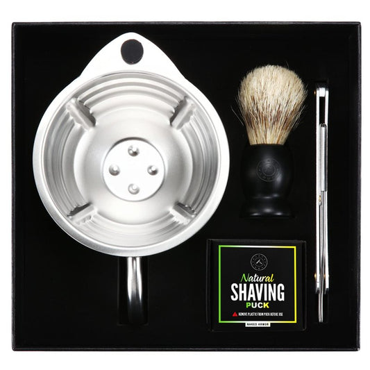 Naked Armor Silver Fox Shaving Scuttle Mug Kit With Shavette - Double Walled Stainless Steel Shaving Bowl with Shavette Straight Razor, Shaving Brush, and Organic Shave Soap - Hot Lather Wet Shave Set