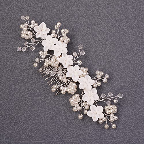 Dainty Silver Flower Pearl Rhinestone Bridal Hair Comb for Wedding