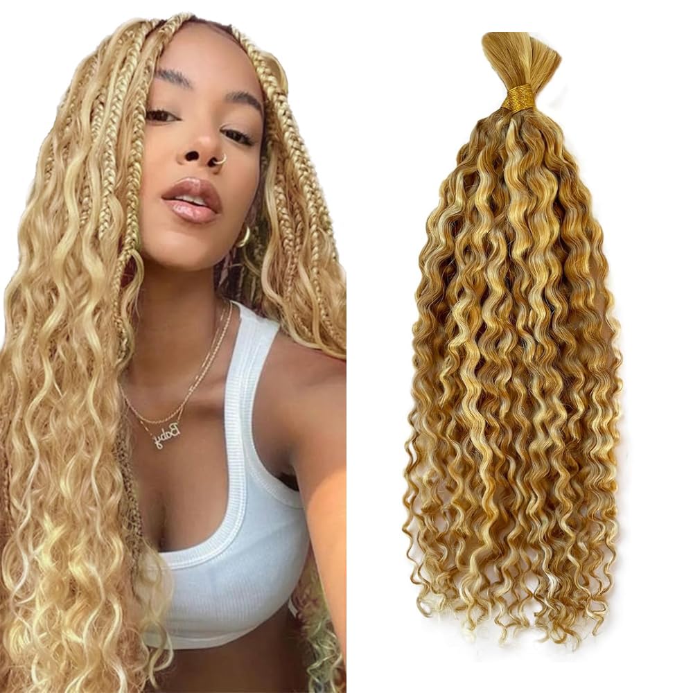 Blonde Human Braiding Hair P27/613 Highlight Honey Blonde Deep Wave Braiding Hair 14 14 Inch 613 Deep Curly Boho Hair for Braiding two tone 27 mixed with 613 color 2 Bundles/100g