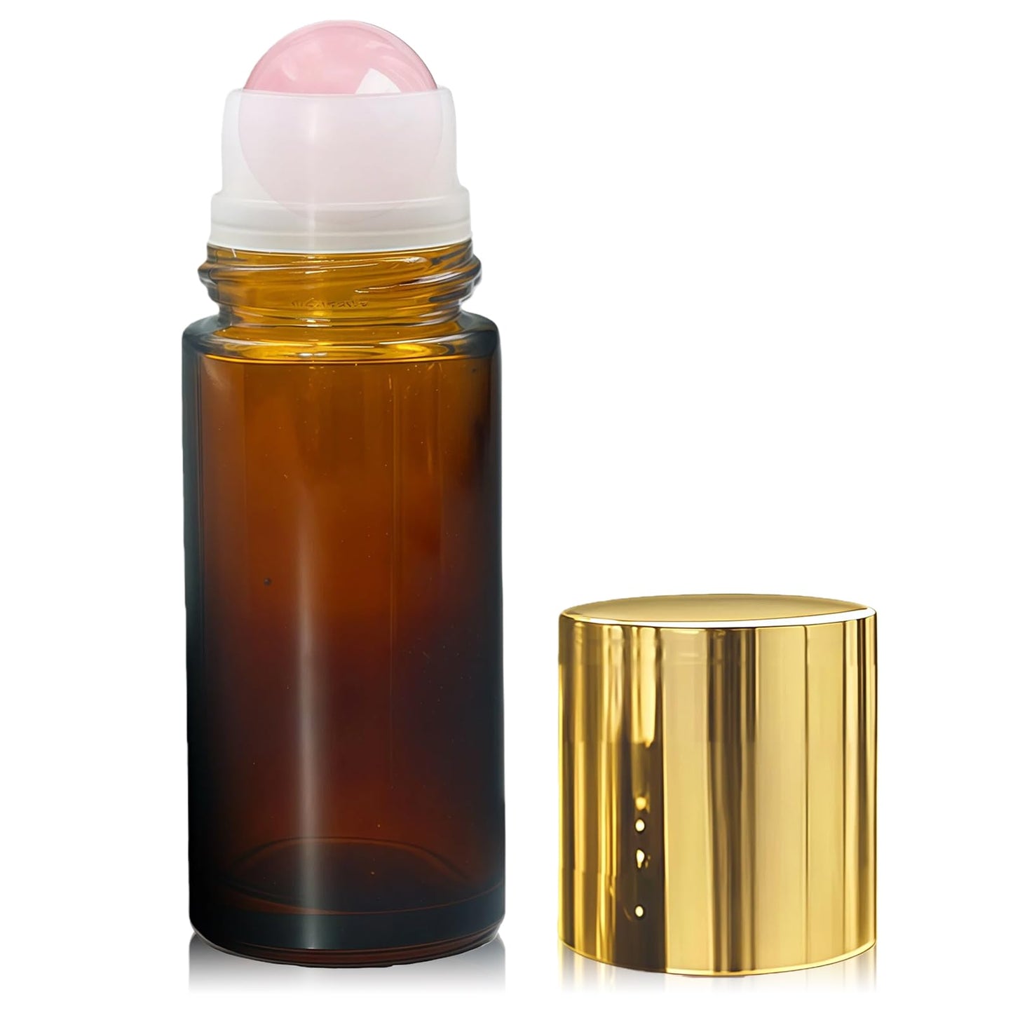 Warmify Rose Quartz Roller Bottles for Essential Oils, 50ml Refillable Amber Glass Roll On Bottles with Natural Crystal Roller Balls, Leak-Proof Travel Perfume Bottle with Gold Caps