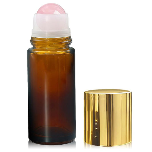 Warmify Rose Quartz Roller Bottles for Essential Oils, 50ml Refillable Amber Glass Roll On Bottles with Natural Crystal Roller Balls, Leak-Proof Travel Perfume Bottle with Gold Caps