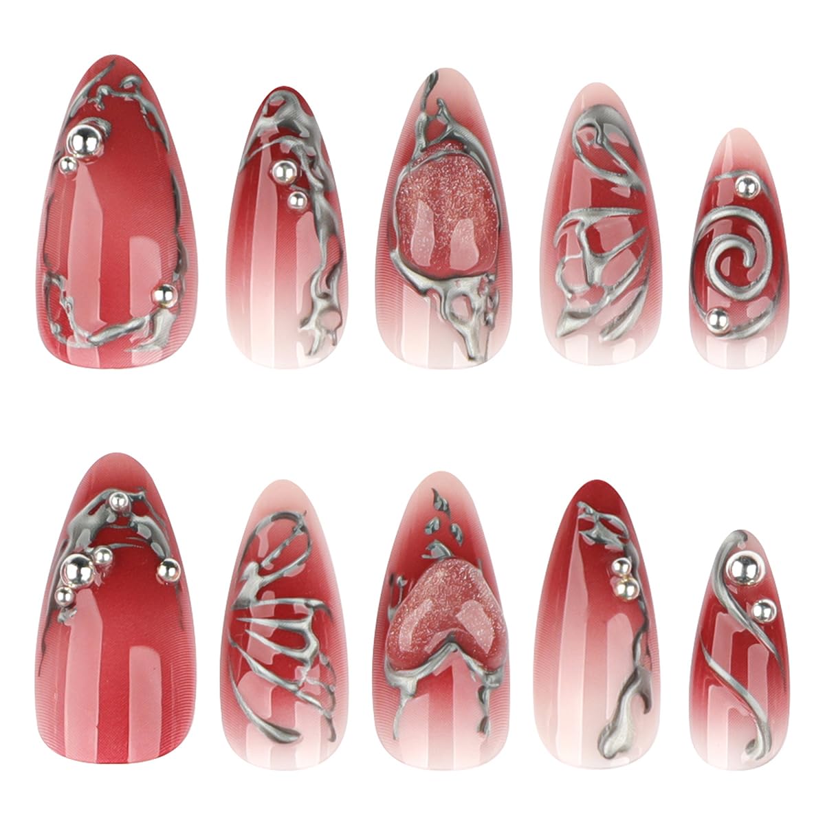 24Pcs Red Press on Nails Medium Almond Y2k Fake Nails with Silver Beads Irregular Chrome Lines Designs Red Artificial Nails Gothic Metallic Acrylic False Nails Full Cover Stick on Nails for Women