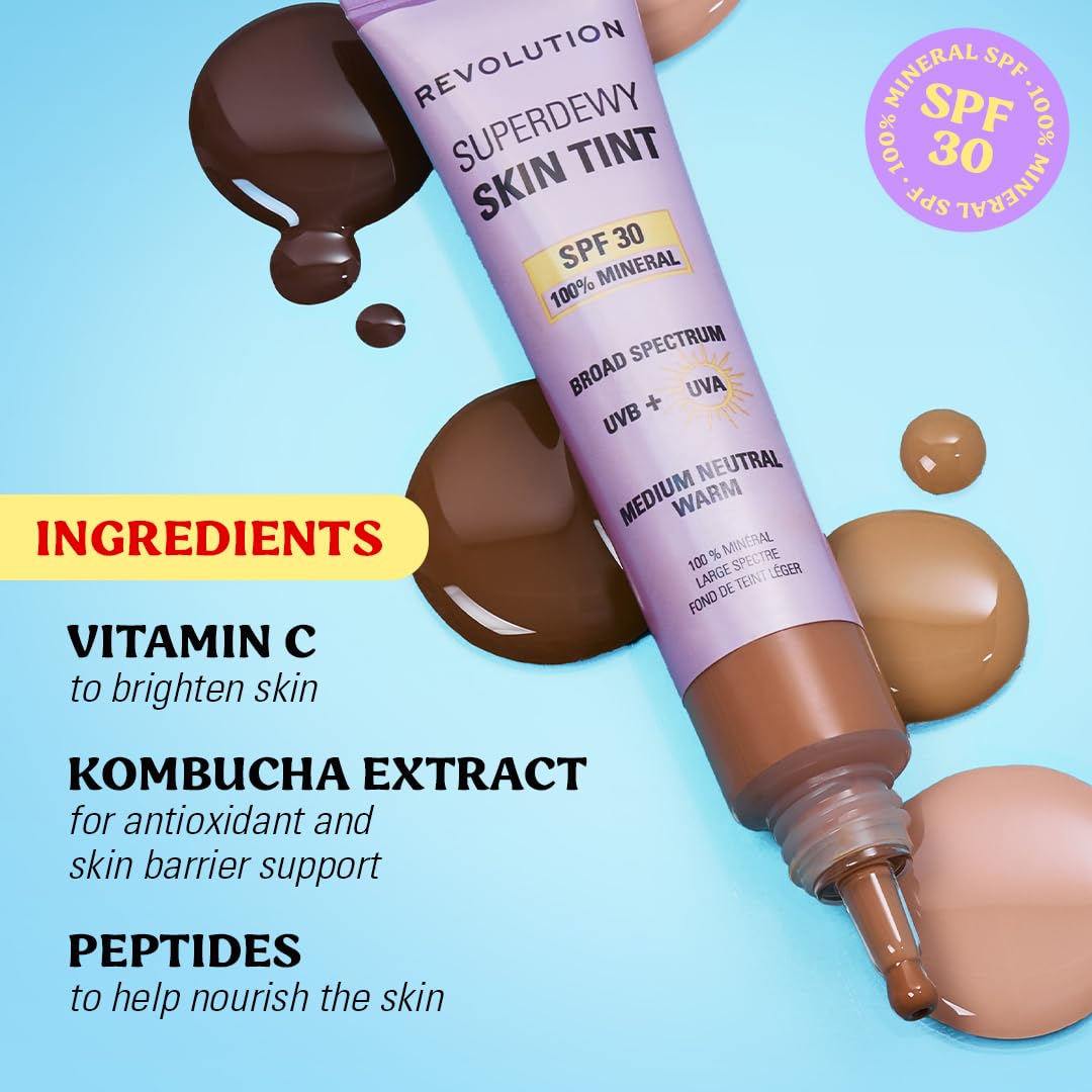 Revolution Superdewy Skin Tint - Tinted Mineral Foundation with SPF 30 | Buildable Coverage, Vegan, Dark Neutral Cool