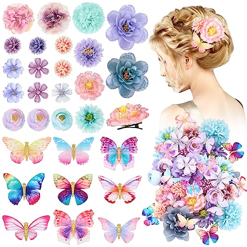Bencailor 30 Pcs Flower & Butterfly Hair Clips for Women - Blue & Purple