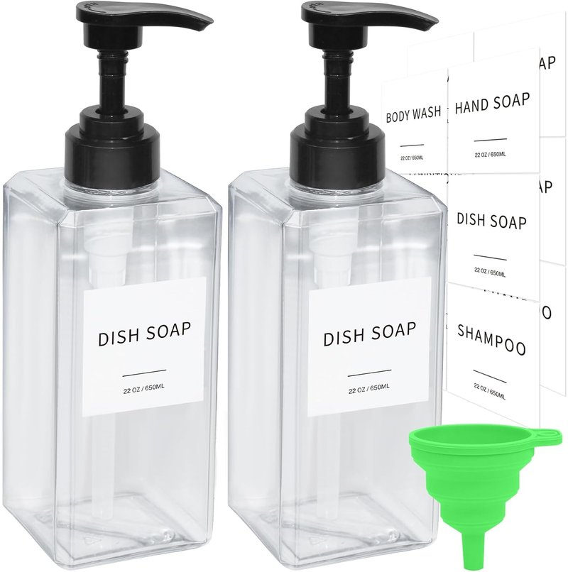 Clear Soap Dispenser - Waterproof Labels & Thickened Plastic | 22oz 2-Pack for Bathroom & Kitchen