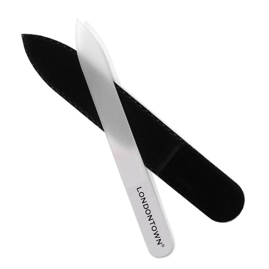 LONDONTOWN Clear Double-Sided Glass Nail File & Care Tool, Professional Grit Etched Crystal Manicure Accessory with Case Pouch