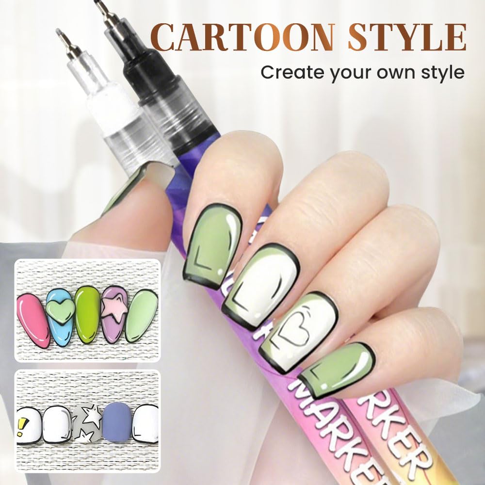 12 Colors Nail Art Pens Set, 2026 Upgraded Nail Art Markers Polish Pen Quick Dry, Acrylic Nail Art Tools for Dotting Drawing Painting Liner DIY (2 pack & 30 pcs stickers)