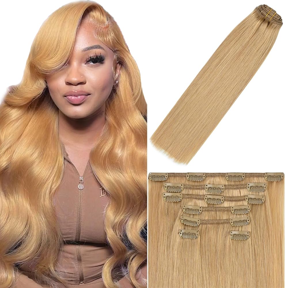 Clip in Hair Extensions Real Human Hair #27 Blonde, 20 Inch 120g/7Pcs,Full Shine Remy Human Hair,Honey Blonde Straight Clip ins Brazilian Virgin Human Hair Extensions