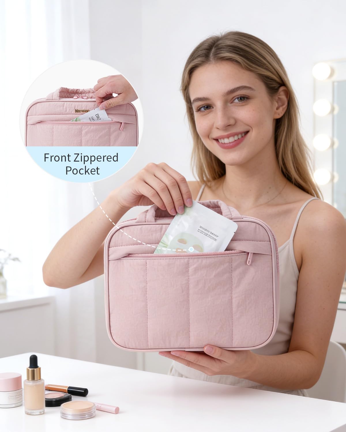 Quilted Travel Toiletry Bag for Women - Portable Makeup Organizer | Pink