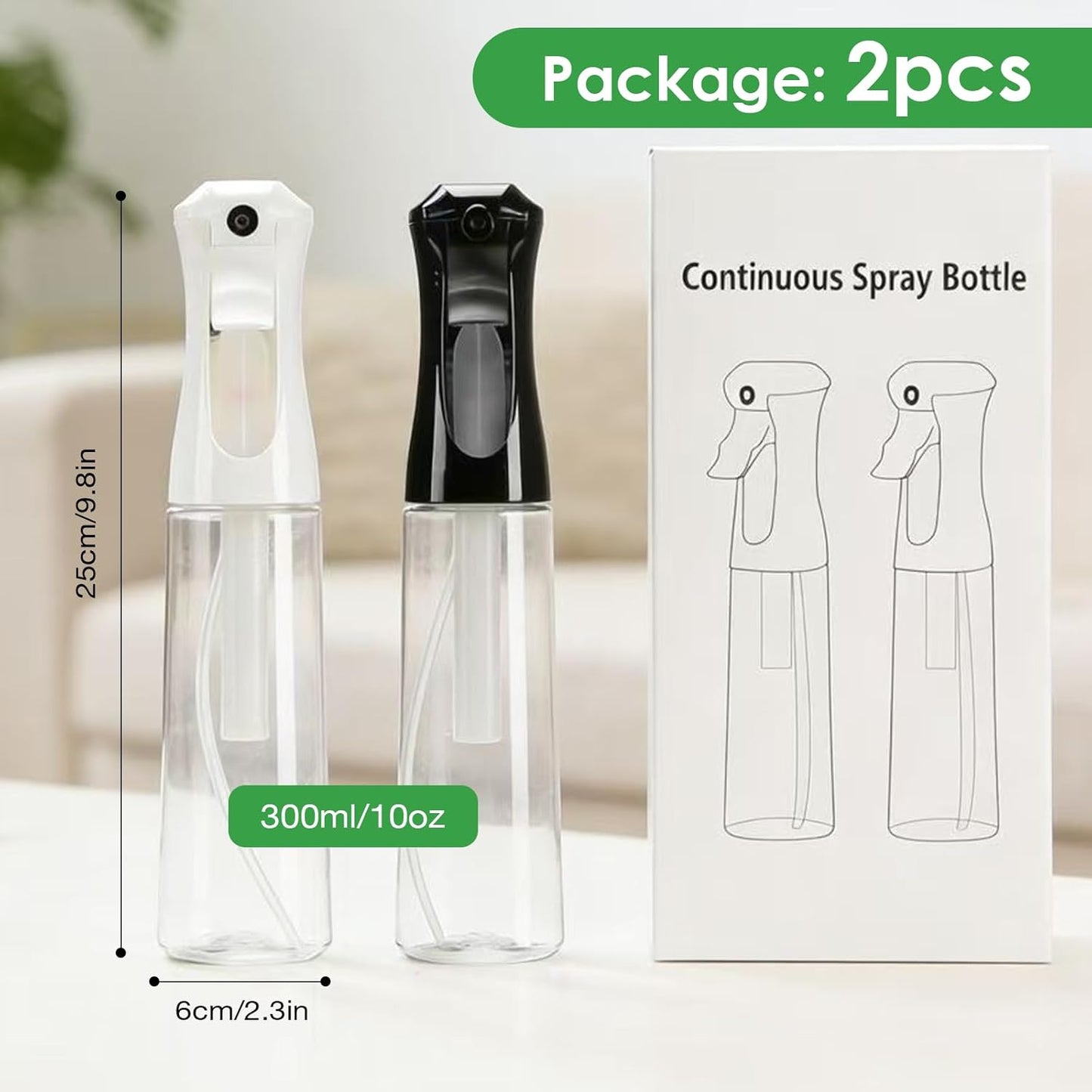 Mist Spray Bottle for Hair - 10oz Continuous Spray Bottles for Salons, Cleaning & Gardening | 2 Pcs Set