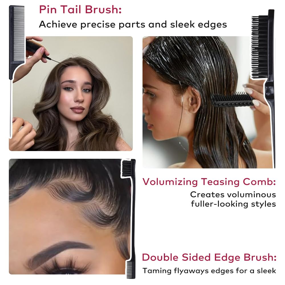Melous Hair Wax Stick with Slick Back Hair Brush Set for Flyaways, Teasing Boar Bristle Brush, Edge Hair Brushes, Volume Comb, Rat Tail Comb for Girls, Kids, Women & Men