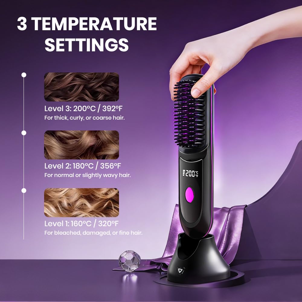 Spwejsr Cordless Straightening Brush, Rechargeable Cordless Hair Straightener with 3 Temp Settings, Ceramic Fast Heat, Includes Pointed Comb and 2 Clips for Travel (White)