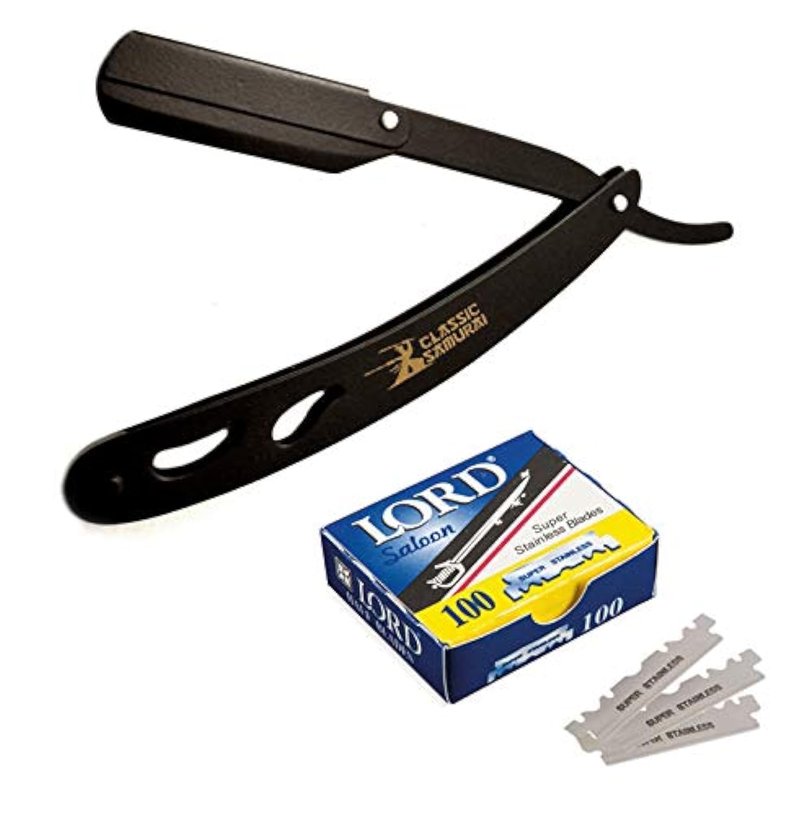 Classic Samurai CS-102 Stainless Steel Professional Barber Straight Edge Shavette Cut Throat Razor (Matte Black + 100 Lord Blades)