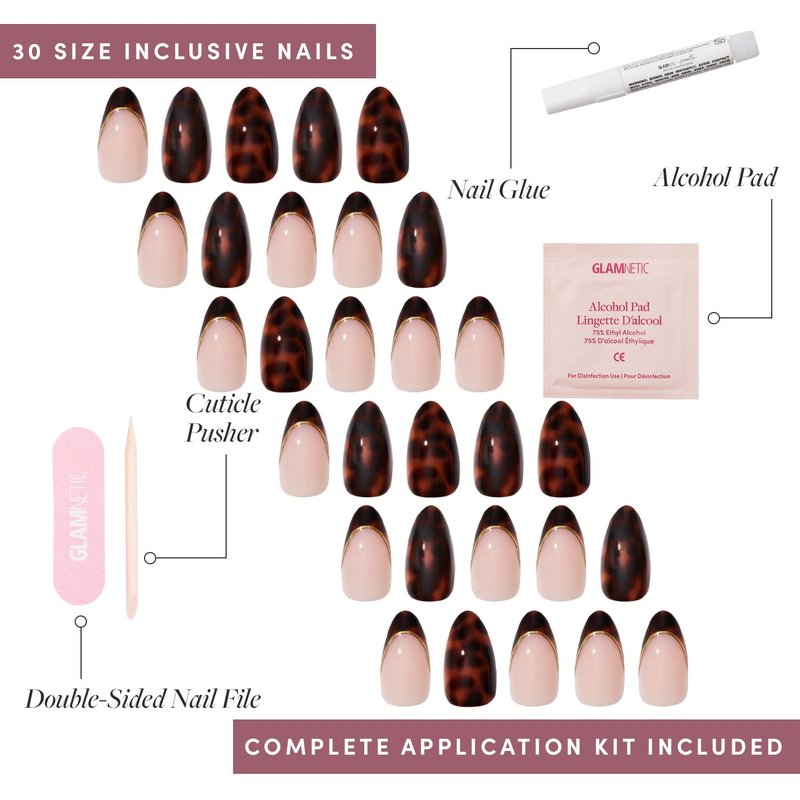 Glamnetic Press On Nails - KILLAZILLA Tortoiseshell French Tips | Short Almond | 30 Nail Kit with Glue, 15 Sizes