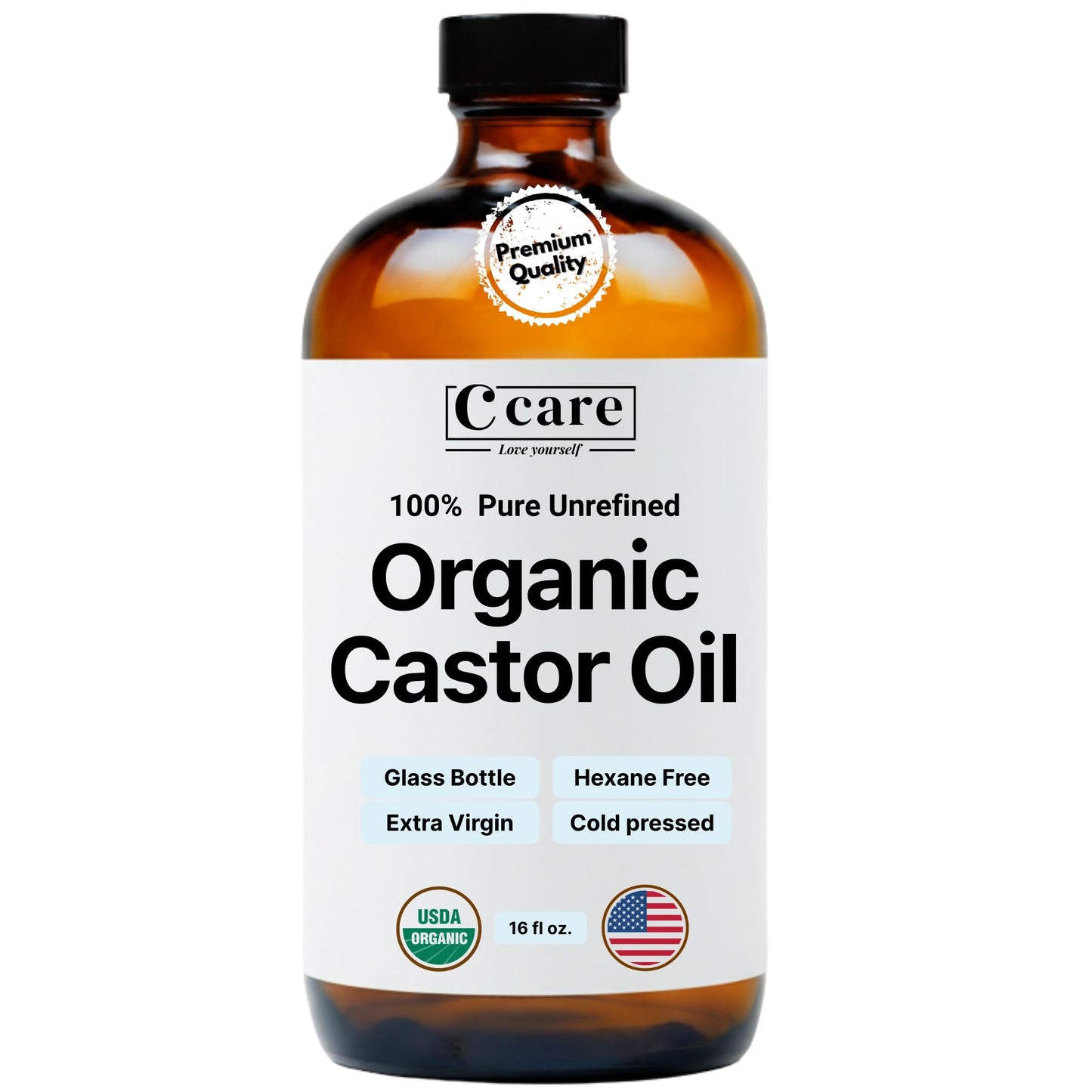 C CARE Castor Oil 100% Pure Organic Cold Pressed Unrefined Glass Bottle | USDA Certified Organic | Hexane Free Extra Virgin | For Hair Growth Eyebrows Eyelashes Skin and Castor Oil Pack Wrap | 16oz