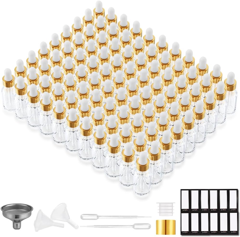 Glass Eye Dropper Bottles - 24 Pack 0.5oz Amber Leakproof Bottles with Golden Caps | Perfect for Essential Oils, Tinctures, Travel