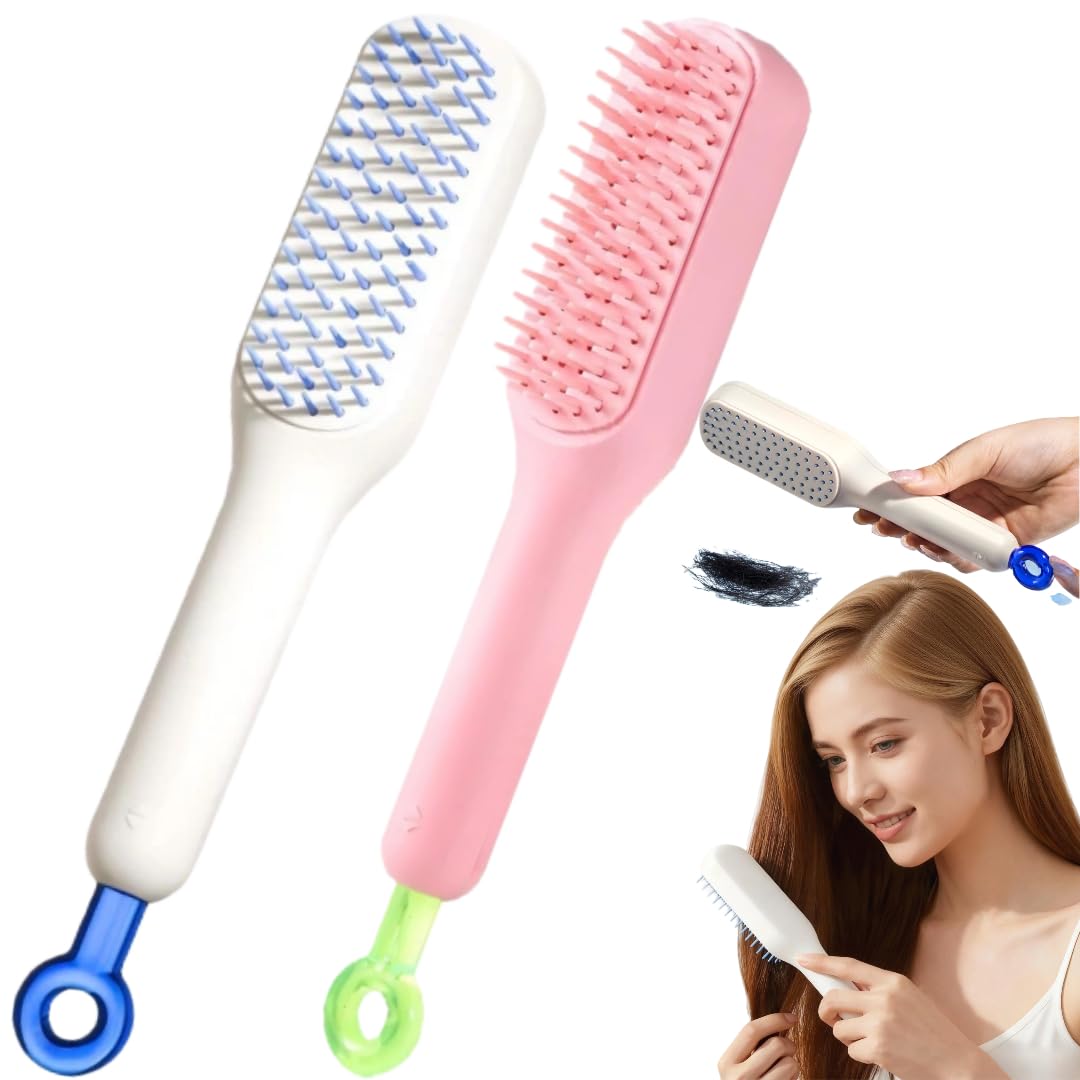 Self-Cleaning Hair Brush Set - Retractable Cushion Massage Comb for Women | Travel-Size, Lightweight Pink & White