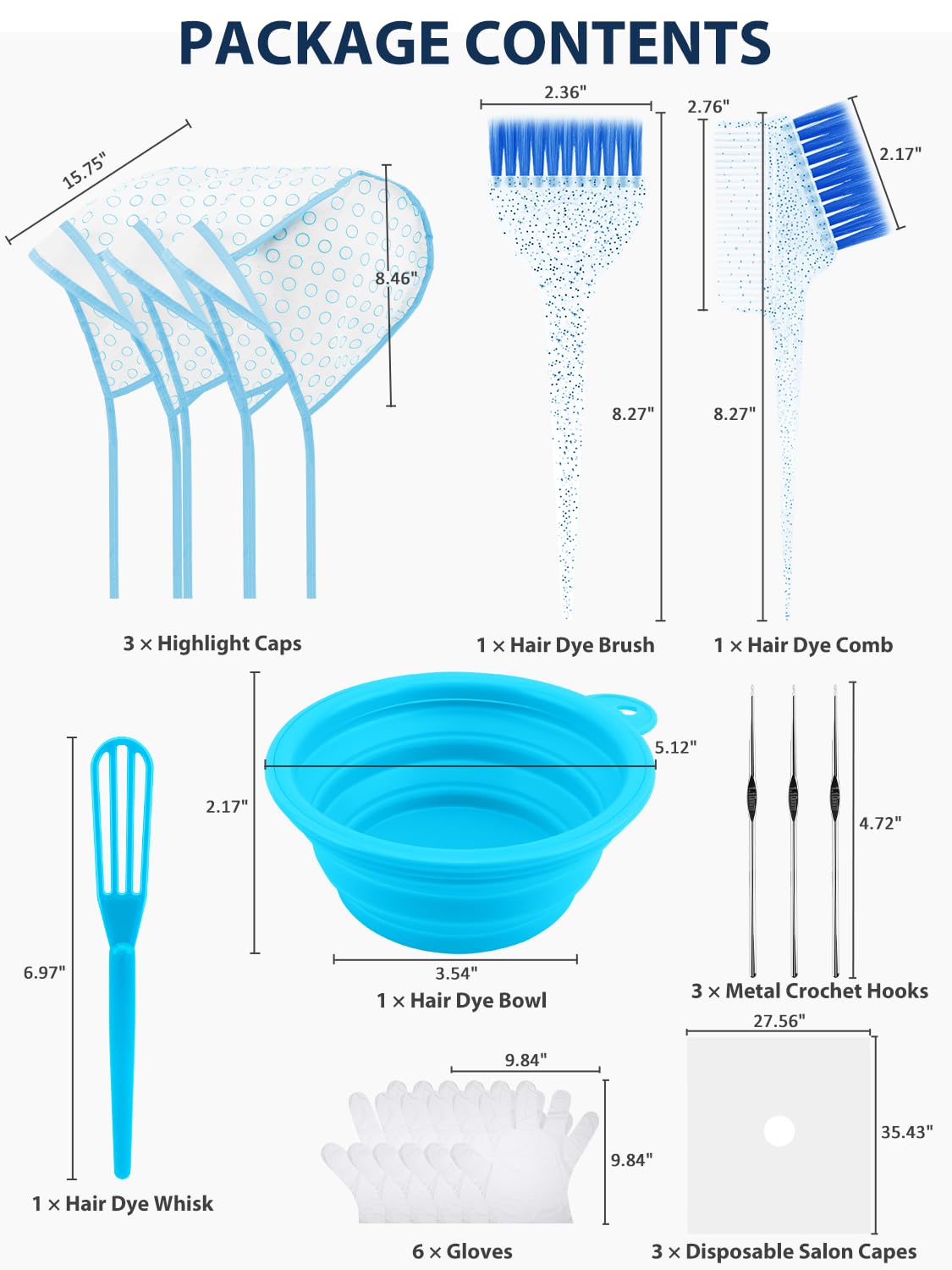 19PCS Hair Bleach Highlighting Kit - Complete Home Salon Set with Dye Brush, Bowl, Gloves & Frosting Cap | Blue