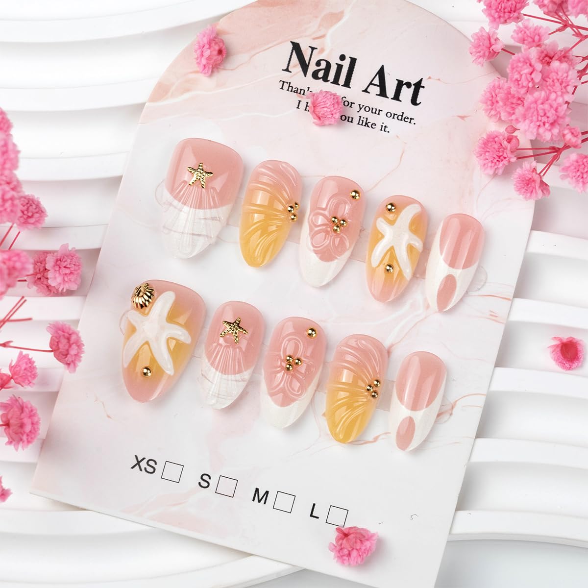NEWSPIED 30 Pcs Handmade Press On Nails Short Almond Summer Beach Fake Nails with 3D Flower & Gold Starfish Shell Charms Design Glossy Nude Pink Acrylic Nails Reusable Glue On Nails Kit for Women DIY