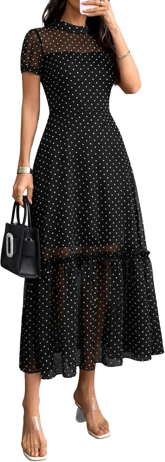 Floral Mesh Ruffle Maxi Dress for Women - Casual Summer Wedding Guest Dress | Short Sleeve, Waist-Cinched