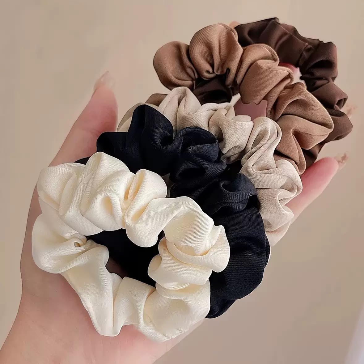 Satin Silk Scrunchies - 8Pcs Soft Hair Ties for Women | Fashionable Ponytail Holders (Khaki & White)