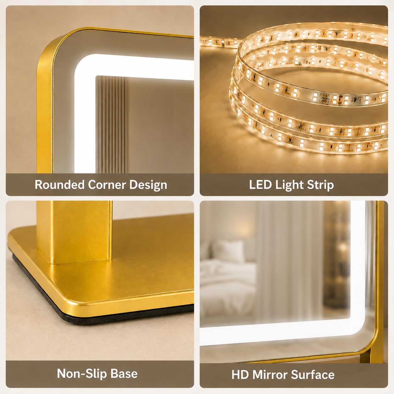 Gold Lighted Makeup Mirror - 15" x 13" Dimmable LED Vanity Mirror with Touch Control | 360° Rotation for Bedroom & Dorm