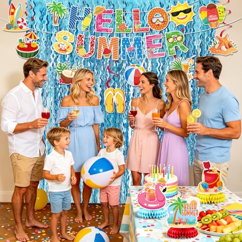 Hello Summer Party Decorations Set - Beach Theme Decor with Banners, Swirls & Fringe Curtains