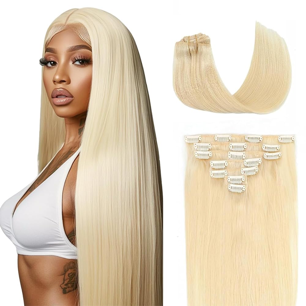 22 Inch #613 Clip in Hair Extensions Real Human Hair 120g/7Pcs,Full Shine Honey Blonde Remy Human Hair,#613 Blonde Straight Clip ins Brazilian Virgin Human Hair Extensions