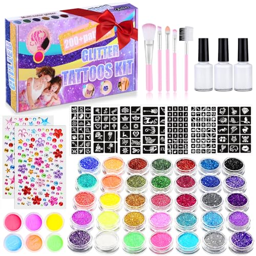 Aottom Glitter Tattoo Kit for Kids & Adults, 41 Colors, Rhinestones & Stencils