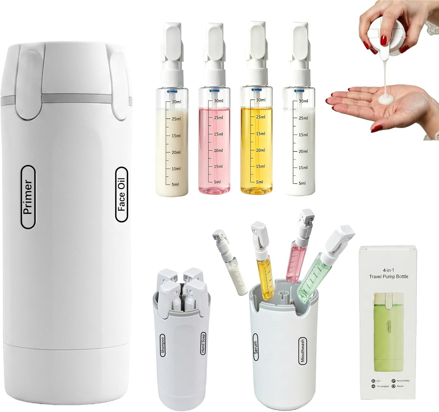 Travel Dispenser Bottle Set - 4 Pack 30ML Leak-Proof Toiletry Containers | White